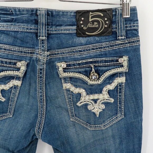 Studio 5 Skinny Bootcut Womens 28x33 Rhinestone Studded Embroidered Denim Jeans - Picture 7 of 15